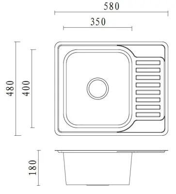Cuva de inox Aquadesign Rudolf, dimensiune 580x480mm, montată pe blat cu suport pentru scurgere, reversibilă.
