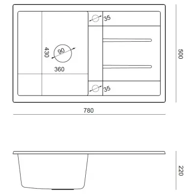 Chiuvetă încorporabilă Quadri Sheffield din granit negru, cu suprafață de scurgere, de dimensiuni 78x50cm și dop negru.