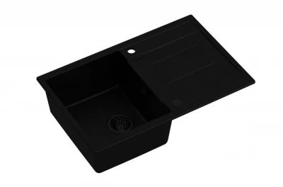 Chiuvetă încorporabilă Quadri Sheffield din granit negru, cu suprafață de scurgere, de dimensiuni 78x50cm și dop negru.