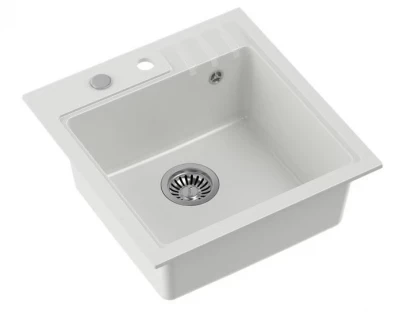 Cardiganul Quadri alb cu chiuvetă montată din granit, dimensiuni 50x52 cm, cu orificiu pentru robinet.