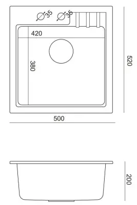 Cardiganul Quadri alb cu chiuvetă montată din granit, dimensiuni 50x52 cm, cu orificiu pentru robinet.