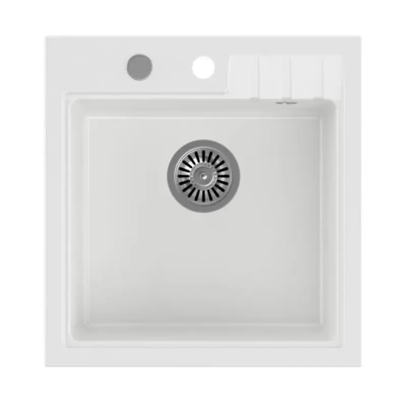 Cardiganul Quadri alb cu chiuvetă montată din granit, dimensiuni 50x52 cm, cu orificiu pentru robinet.