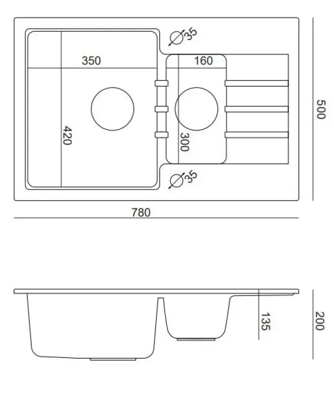 Cardiganul Quadri alb cu o singură chiuvetă montată pe blat de granit de 1,5 cm, cu suprafață de scurgere reversibilă, dimensiune 78x50cm, 1208956312.