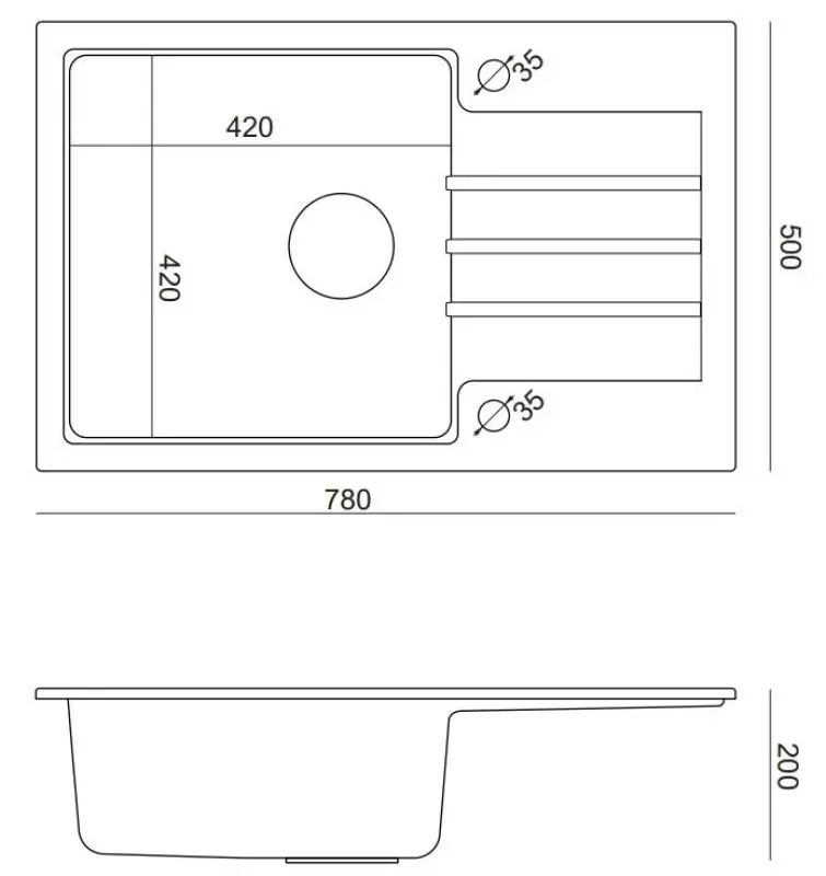 Cardiganul Quadri negru din granit cu chiuvetă încastrabilă cu suprafață de scurgere reversibilă, dimensiuni 78x50cm, cu dop negru, cod 1208956314.