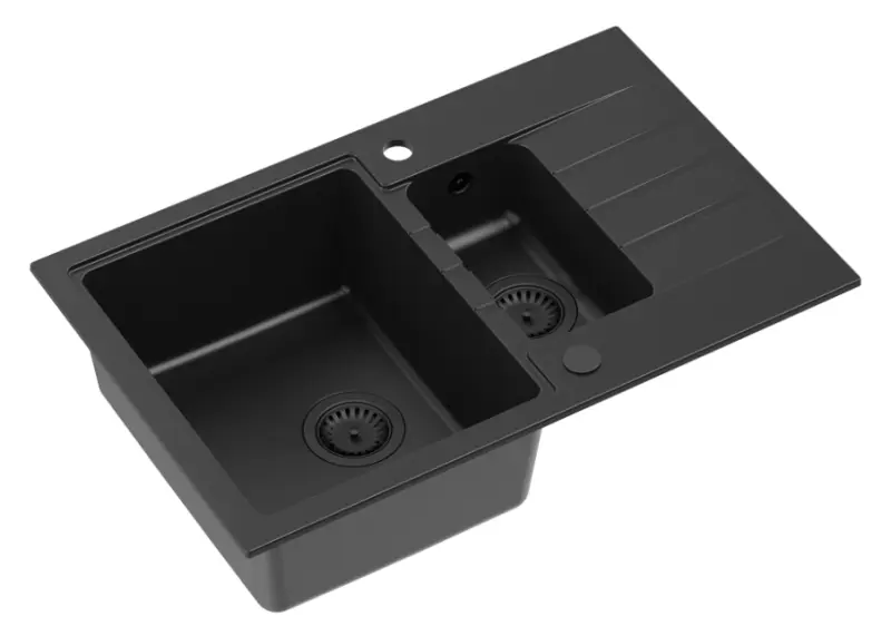 Cardiganul Quadri negru cu o singură chiuvetă de blat granit de 1,5 cm, cu suprafață pentru scurgere, reversibil, de 78x50 cm, cu dop negru 1208956315.