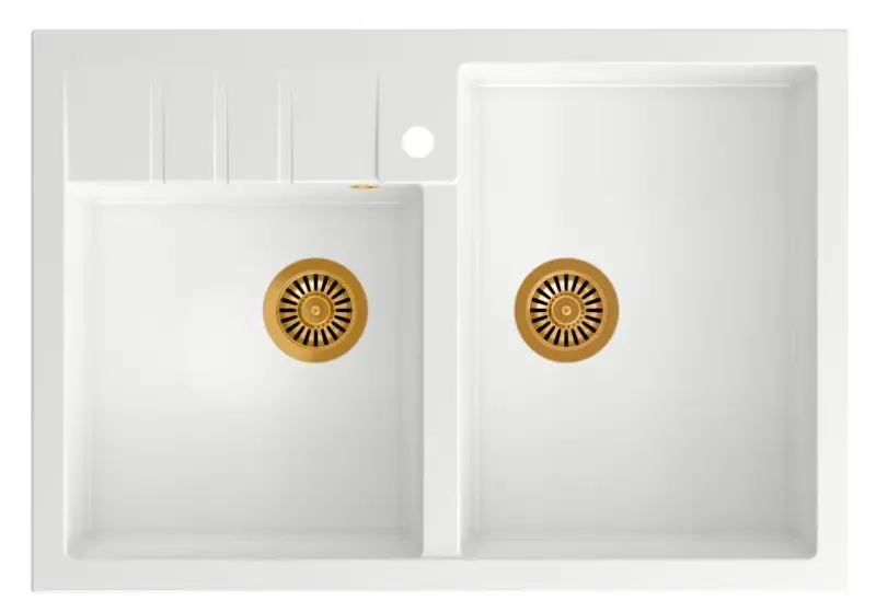 Chiuvetă dublă pentru bucătărie Quadri Minister, model alb rustic, 90x62 cm, cu dop și preaplin din cupru 1208956329.