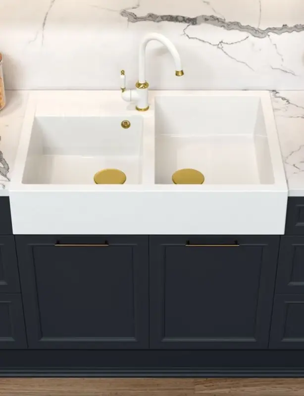 Chiuvetă dublă pentru bucătărie Quadri Minister, model alb rustic, 90x62 cm, cu dop și preaplin din cupru 1208956329.