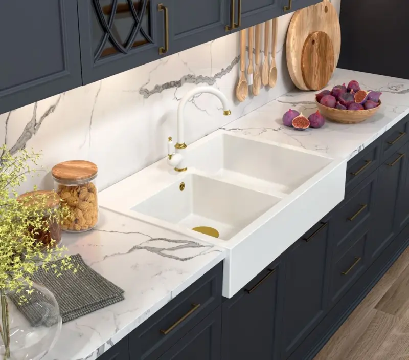 Chiuvetă dublă pentru bucătărie Quadri Minister, model alb rustic, 90x62 cm, cu dop și preaplin din cupru 1208956329.