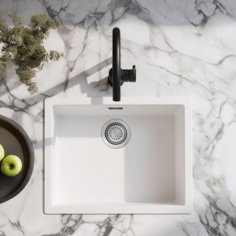 Chiuvetă albă de 50x40 cm, montată sub blat, suprafață sau încastrată, cu dop din oțel inoxidabil 1208956397.