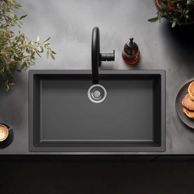 Chiuvetă mare neagră de 70x40cm cu montaj sub blat, suprafață sau încastrată, cu dop din oțel inoxidabil 1208956400.