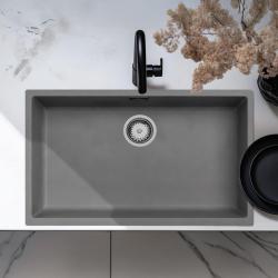 Chiuvetă mare de beton gri, cu dimensiunile de 70x40 cm, cu montaj sub blat, suprapus sau la nivelul blatului, cu dop din oțel inoxidabil. (ID: 1208956403)
