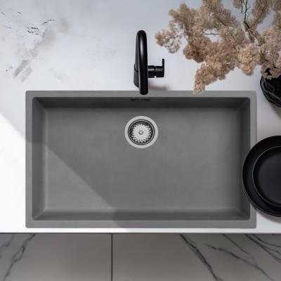 Chiuvetă mare de beton gri, cu dimensiunile de 70x40 cm, cu montaj sub blat, suprapus sau la nivelul blatului, cu dop din oțel inoxidabil. (ID: 1208956403)