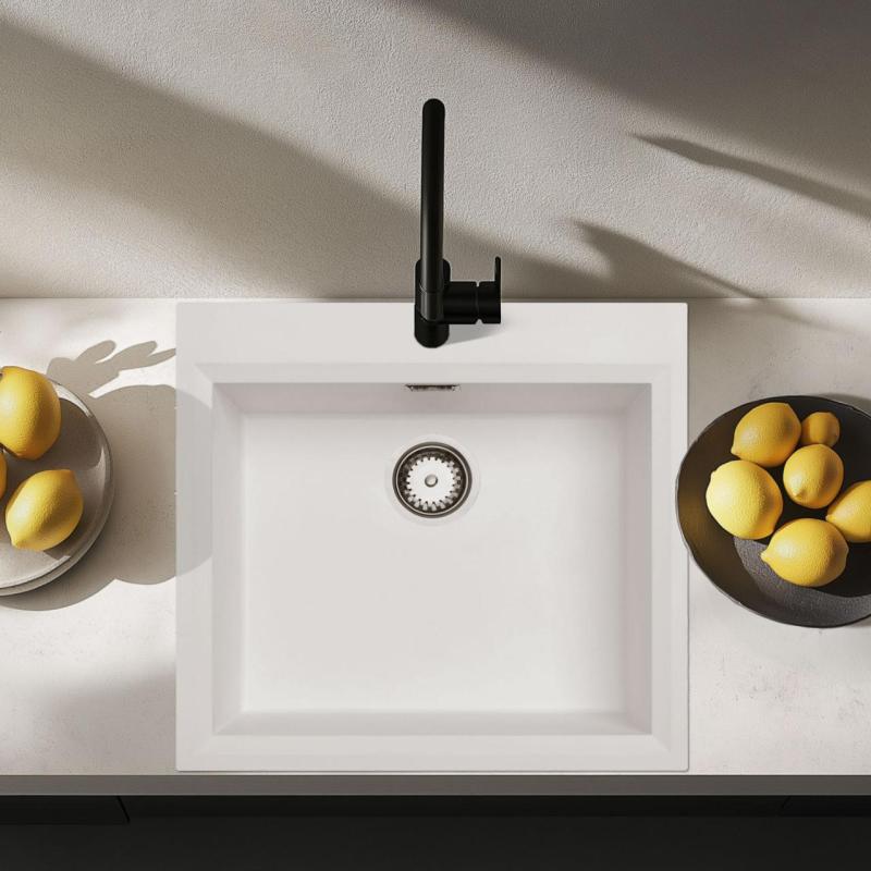 Chiuvetă albă de construcție de 58x53 cm cu orificiu pentru robinet și dop de oțel inoxidabil 1208956763.