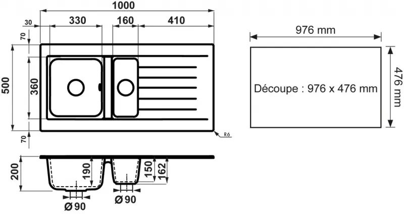 Ausmann Fibre 1,5 chiuvetă din plastic negru reversibilă cu scurgere 100x50 cm cu dop negru 1208956784