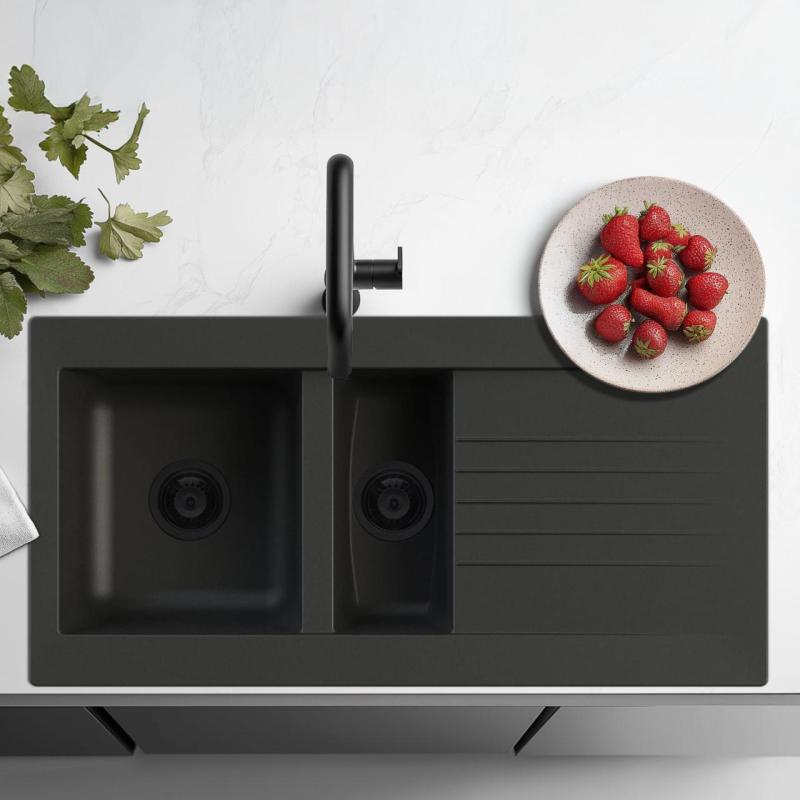 Ausmann Fibre 1,5 chiuvetă din plastic negru reversibilă cu scurgere 100x50 cm cu dop negru 1208956784