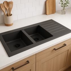 Chiuveta din plastic negru dublă Ausmann Fibre, reversibilă, cu scurgere, montată deasupra, mărimea 116x50 cm, cu dop negru 1208956790.