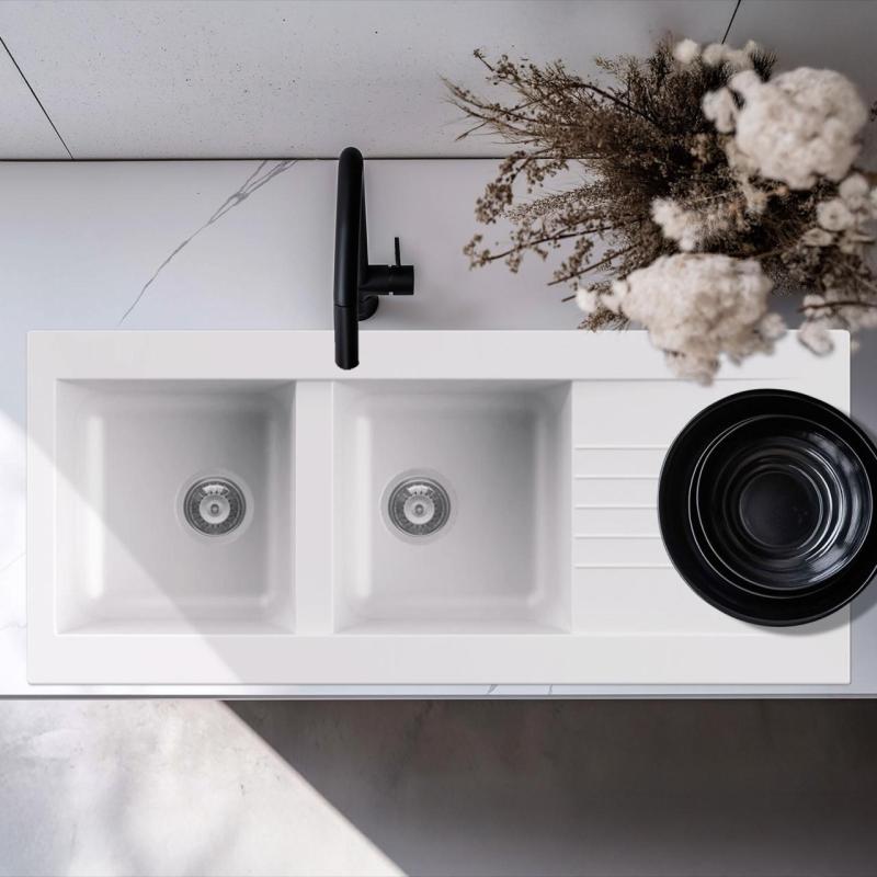 Chiuvetă din plastic albă dublă reversibilă Ausmann Fibre cu scurgere, montată deasupra blatului, mărimea 116x50 cm, 1208956794.