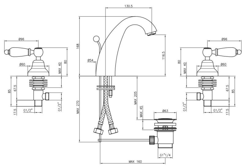 Robinet clasic PB cu 3 găuri, robinet pentru chiuvetă înaltă, mânere albe, oțel inoxidabil 1208956909