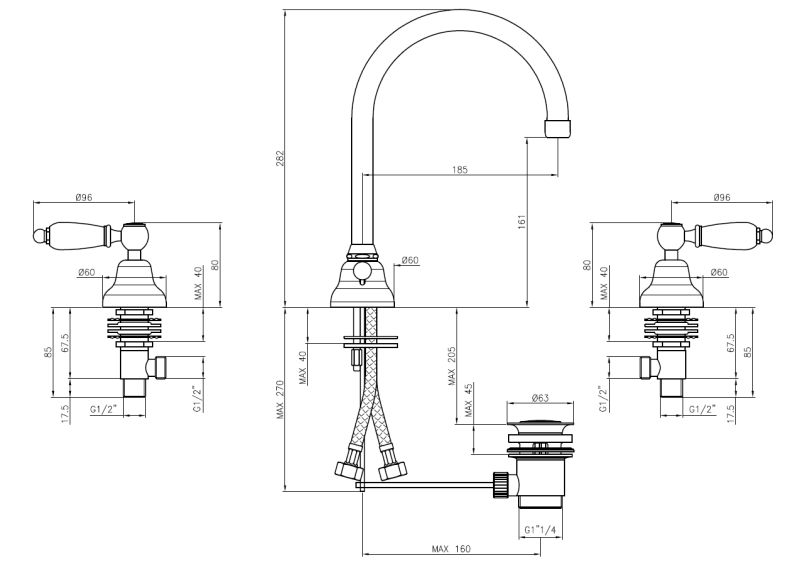 Robineta clasica PB pentru chiuveta cu 3 găuri. Mâner alb cu guri rotunde și duză cromată. 1208956912.
