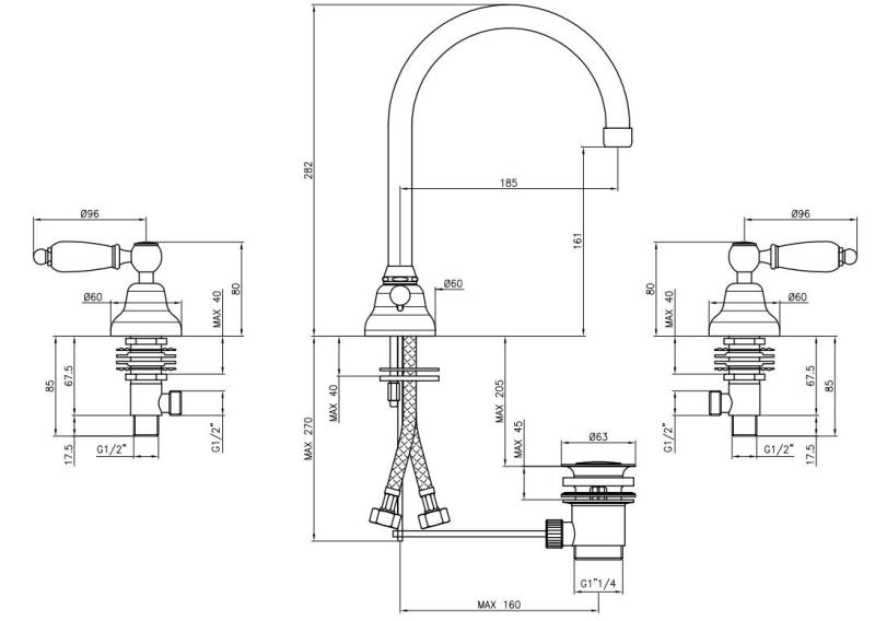 PB clasică robinet 3 găuri pentru chiuvetă Robinete cu manere albe și țeavă rotundă din oțel inoxidabil 1208956914