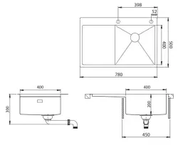 Ausmann Turt chiuvetă aurie cu scurgere la stânga, dimensiuni 780x500mm, montaj suprapus și îngropat, 1208956942.
