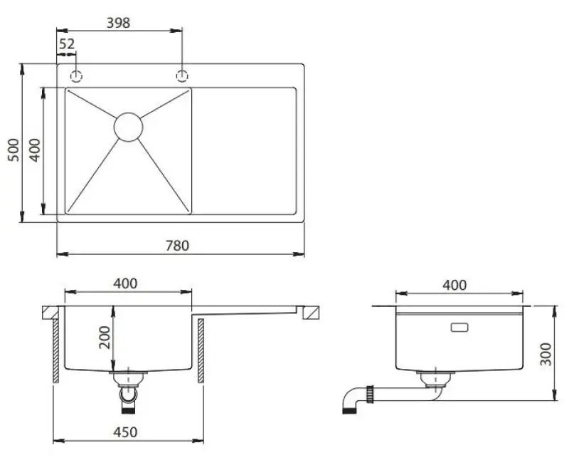 Ausmann Turt  chiuvetă din cupru cu scurgere la dreapta 780x500mm montată la suprafață și încastrată 1208956943
