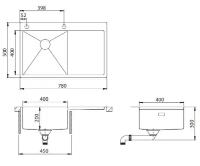 Chiuveta de bucatarie din metal gun, cu scurgator pe partea dreapta, 780x500mm, montaj pe blat si sub blat, cod de produs 1208956953.