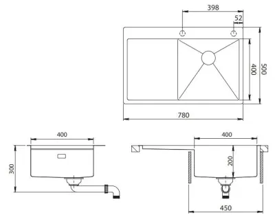 Ausmann Turt chiuvetă de cupru cu scurgător pe partea stângă 780x500mm montaj suprafață și montaj sub plan 1208956955