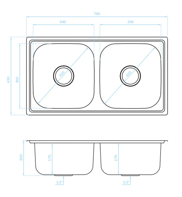 Chiuvetă dublă de suprafață Ausmann Basic din oțel inoxidabil, 78x43 cm, inclusiv sifon. 1208956995.
