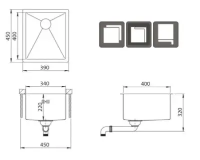 Chiuvetă din oțel inoxidabil Ausmann sau RVS, dimensiuni 34x40cm, montaj suprapus, sub-blat sau cu montaj superior, adâncime suplimentară de 22cm. Cod produs: 1208957111.