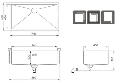 Ausmann sau chiuvetă mare din oțel inoxidabil 74x40cm, cu montaj suprapus sau subblat, și încastrat adâncime suplimentară de 22cm 1208957114