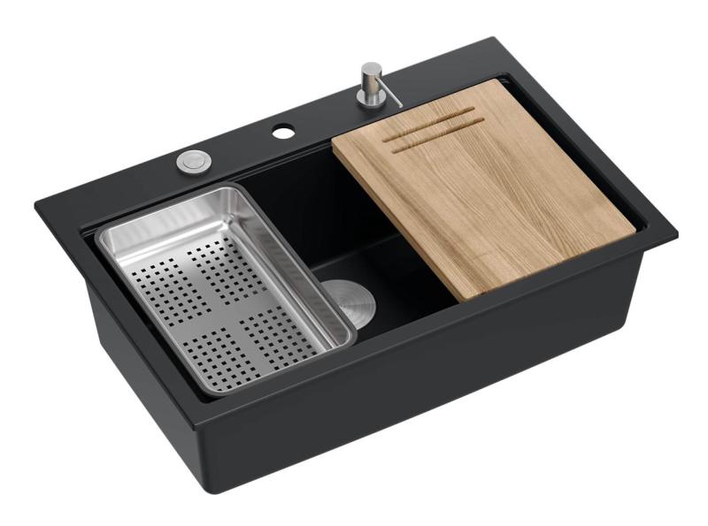 Chiuvetă mare de granit negru mat Quadri, cu accesorii incluse, dimensiuni 76x50cm, cod produs 1208957201.