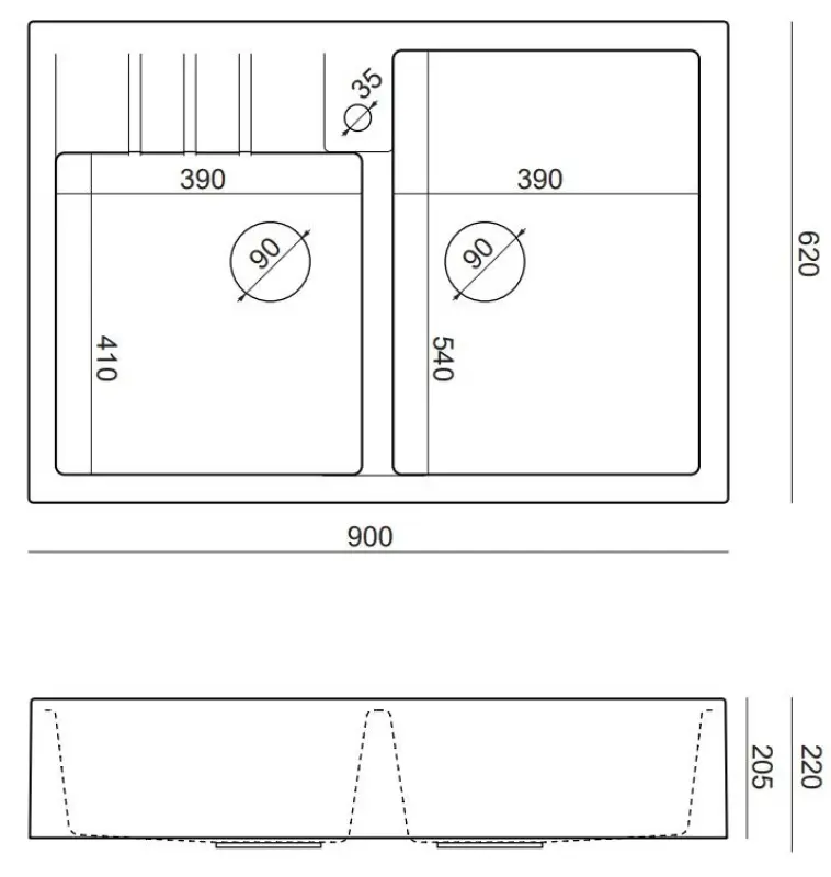 Chiuveta de bucătărie dublă cu patru compartimente, tip farmhouse, cu finisaj mat negru, model rustic, dimensiuni 90x62 cm, cod produs 1208957210.