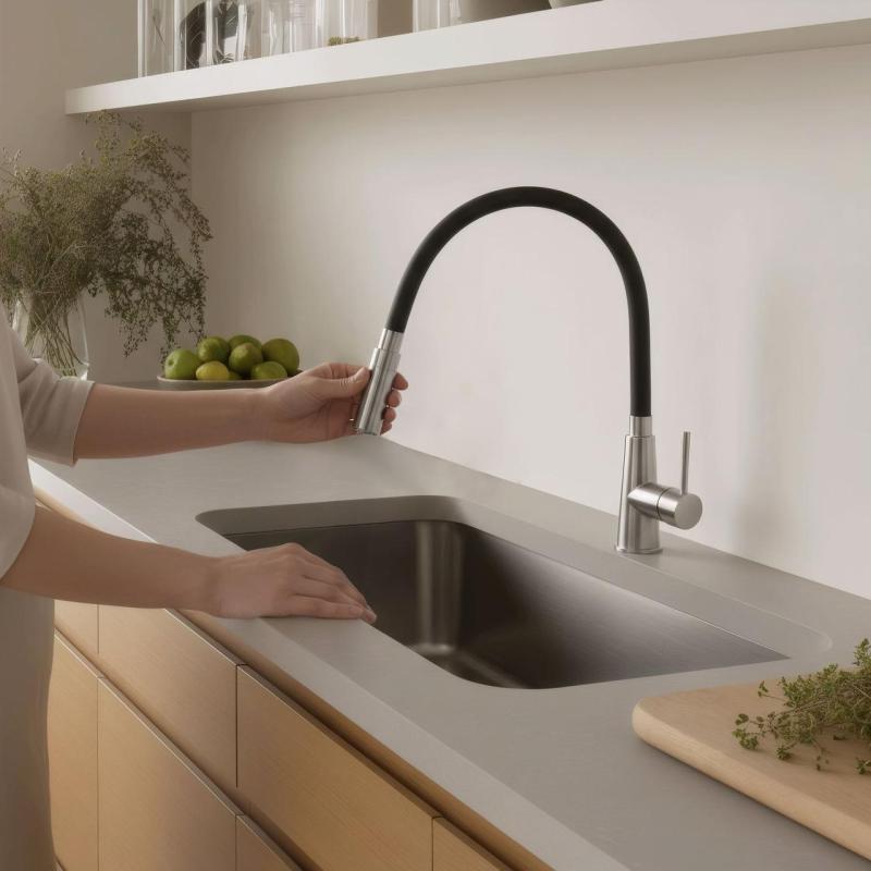 Quadri Preston Baterie de bucătărie din oțel inoxidabil cu duză flexibilă neagră cu 2 poziții 1208957228