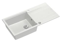 Cască deasupra blatului Quadri Luton, din granit alb, cu chiuvetă și suprafață de scurgere reversibilă, 100x50cm, cu dop de oțel inoxidabil 1208957324.