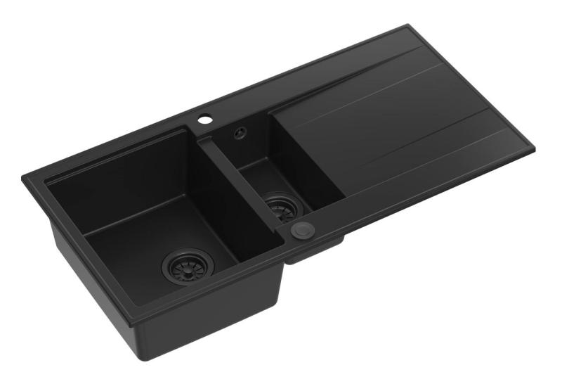 Luton Quadri, chiuvetă din granit negru cu 1,5 cuve și suprafață de scurgere reversibilă, 100x50cm, cu dop negru, 1208957329.