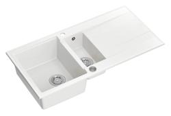 Cadrul Luton alb din granit cu chiuvetă dublă de 1,5 cuțite și suprafață de scurgere reversibilă, 100x50cm, cu dop din oțel inoxidabil, cod 1208957330.