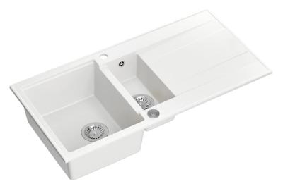 Cadrul Luton alb din granit cu chiuvetă dublă de 1,5 cuțite și suprafață de scurgere reversibilă, 100x50cm, cu dop din oțel inoxidabil, cod 1208957330.