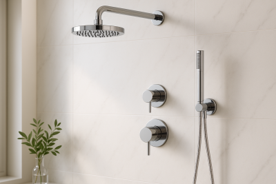Waterevolution Flow este un set de duș încorporat, cromat, cu termostat, duș de ploaie și duș manual.
