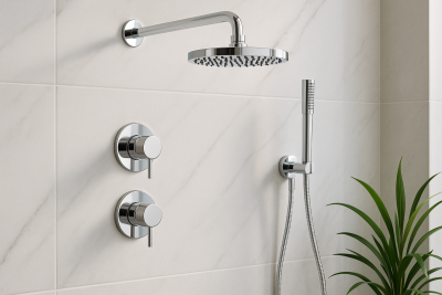 Waterevolution Flow este un set de duș încorporat, cromat, cu termostat, duș de ploaie și duș manual.