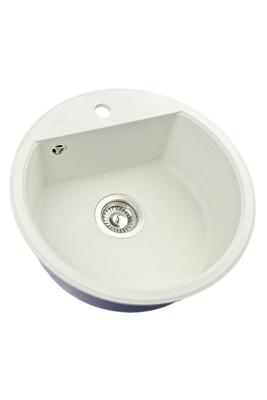 Granitul meu de la Bremen, chiuveta rotundă din granit de 43 cm, albă, montată deasupra și sub blat, cu gaură pentru robinet și capac din oțel inoxidabil, cod 1208957356.