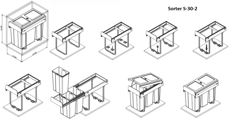 Sistemul de sortare Garbi S-30-2 încorporabil cu 2 coșuri de gunoi, unul de 10 litri și unul de 20 de litri, 1208957363.