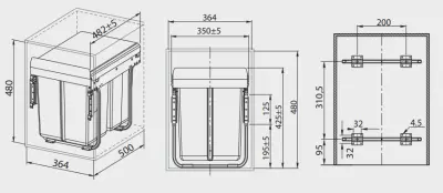 Sistemul de sortare încorporat Garbi Sorter S-40-2, cu 2 coșuri de gunoi de 2 x 20 litri, 1208957364.