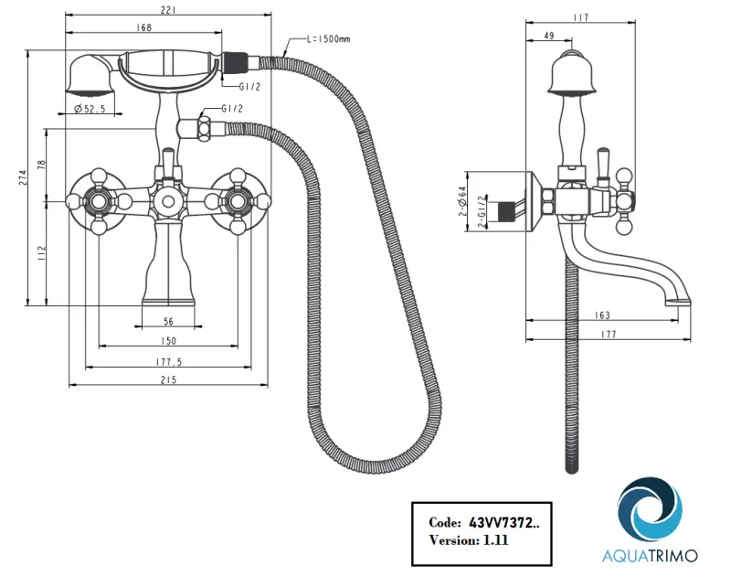 AquaTrimo Vivaldi robinet clasic pentru baie cu manere puternice Crom, inclusiv duș manual 43VV7372CM