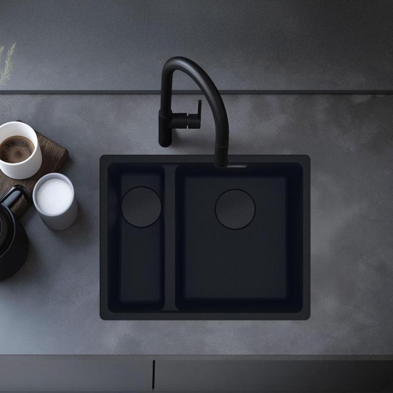 Franke Maris MRG 260/160-34-15 Fragranite ediția neagră, chiuvetă mată de culoare neagră pentru montare la nivel, cu partea mare la dreapta