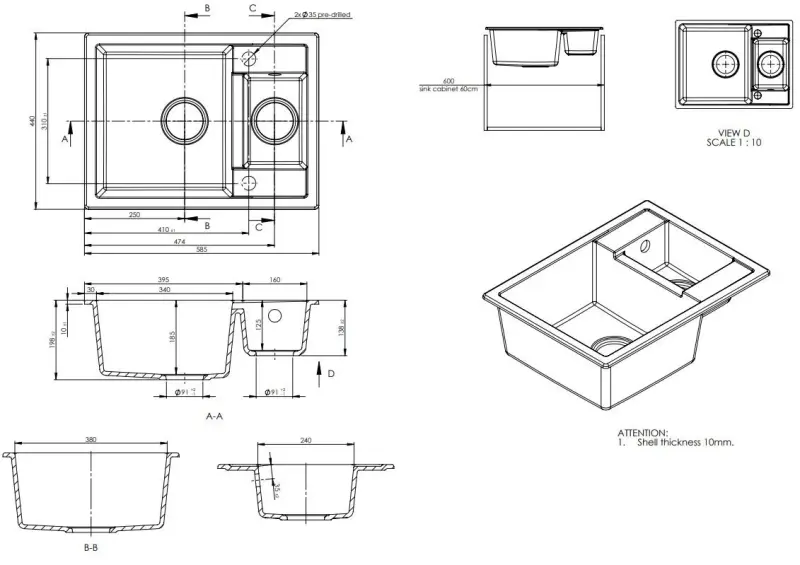 GranităMy Smart extra josină 1,5 chiuvetă granită neagră montată pe blat, reversibilă, 58x44cm 1208957386