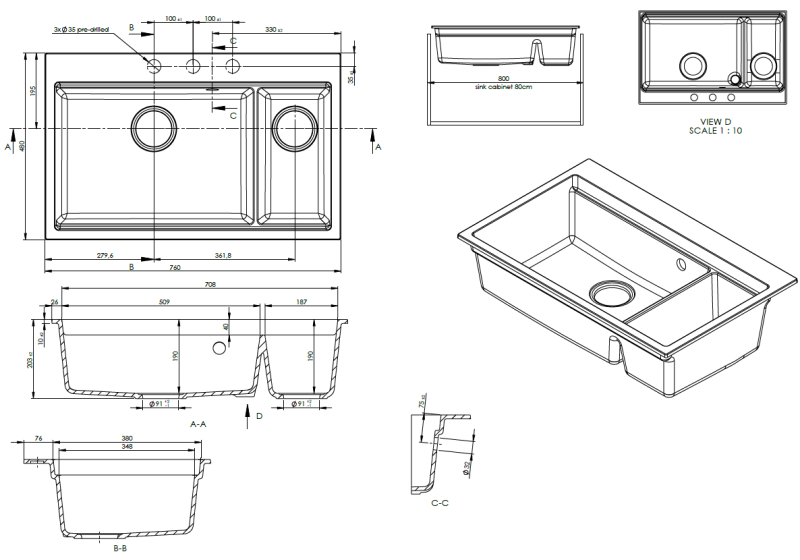 GraniteMy Limited oferă o masă de bucătărie mare din granit, cu o chiuvetă neagră inclusă, cu accesorii, cu o dimensiune de 76x48 cm.