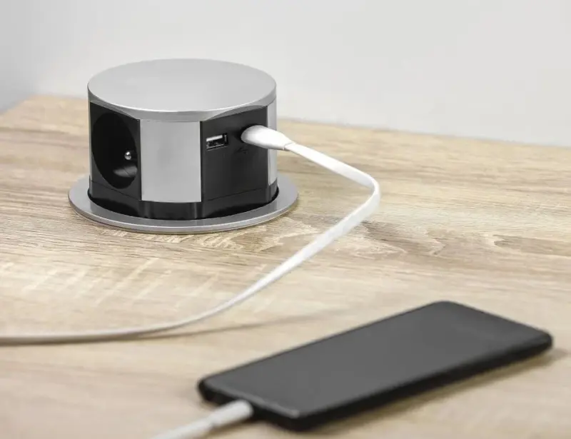 Priza de bucătărie argintie Indux Push cu șasea îngropabilă și trei prize și două porturi USB 1208957411.