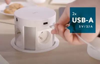 Priza de bucătărie subterană Indux Push cu îngropare la nivelul blatului, culoare neagră, cu 4 prize, 2 x USB, 2 x RJ45 și încărcare wireless 1208957420.
