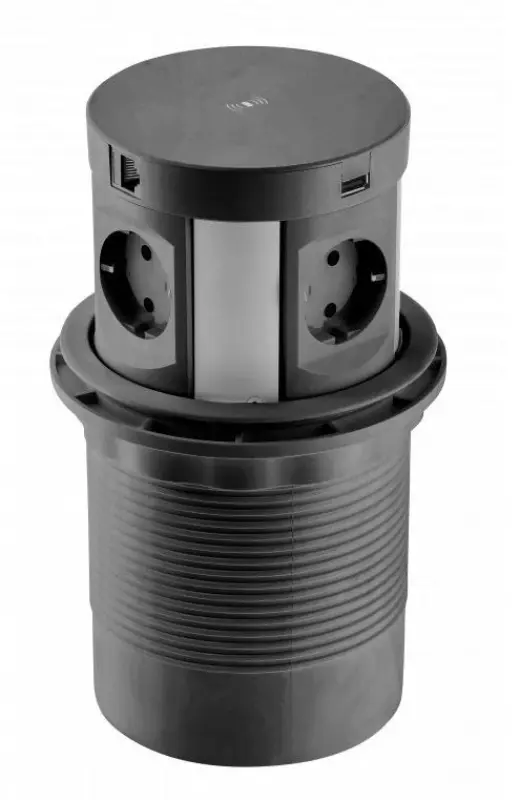 Priza de bucătărie subterană Indux Push cu îngropare la nivelul blatului, culoare neagră, cu 4 prize, 2 x USB, 2 x RJ45 și încărcare wireless 1208957420.